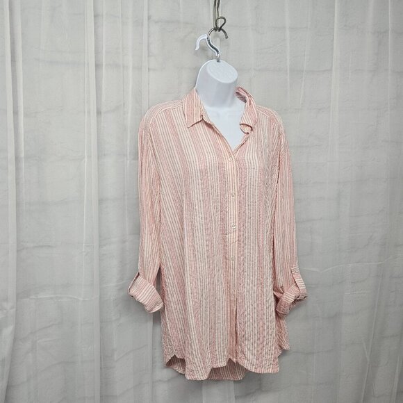 Jane + Delancey Pink White Striped Roll Tab Hi-low Blouse Beach Summer M - Picture 6 of 13